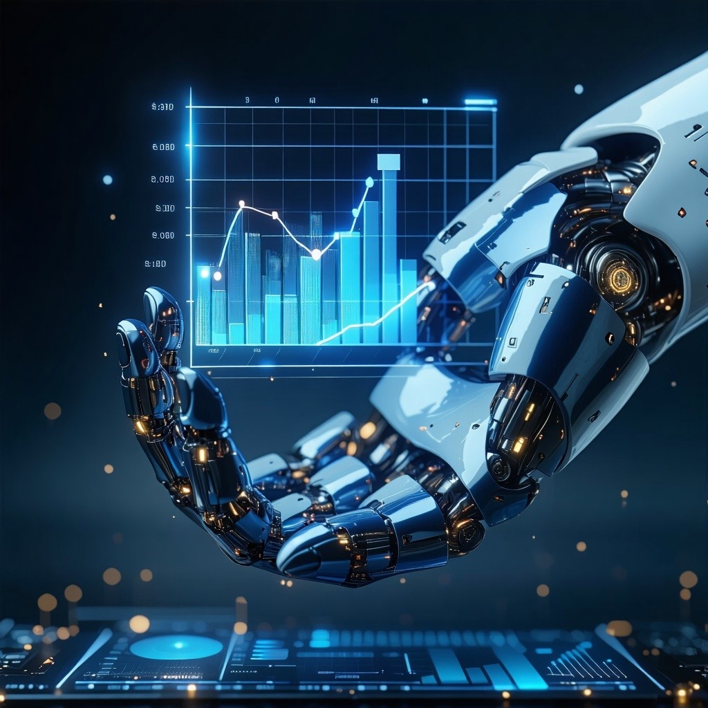 photorealistic image of a robotic hand gently holding a glowing financial chart with lines or bars indicating growth or savings minimalist and professional background evoking innovation trust and efficiency suitable for a LinkedIn post about AI reduc